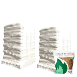 Houtpellets Flammes Vertes – 2 pallets – 130 zakken – 1950 kg | Bois Frabot
