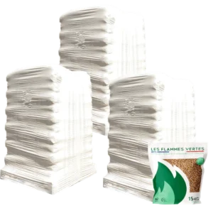 Houtpellets Flammes Vertes – 3 pallets – 195 zakken – 2925 kg | Bois Frabot